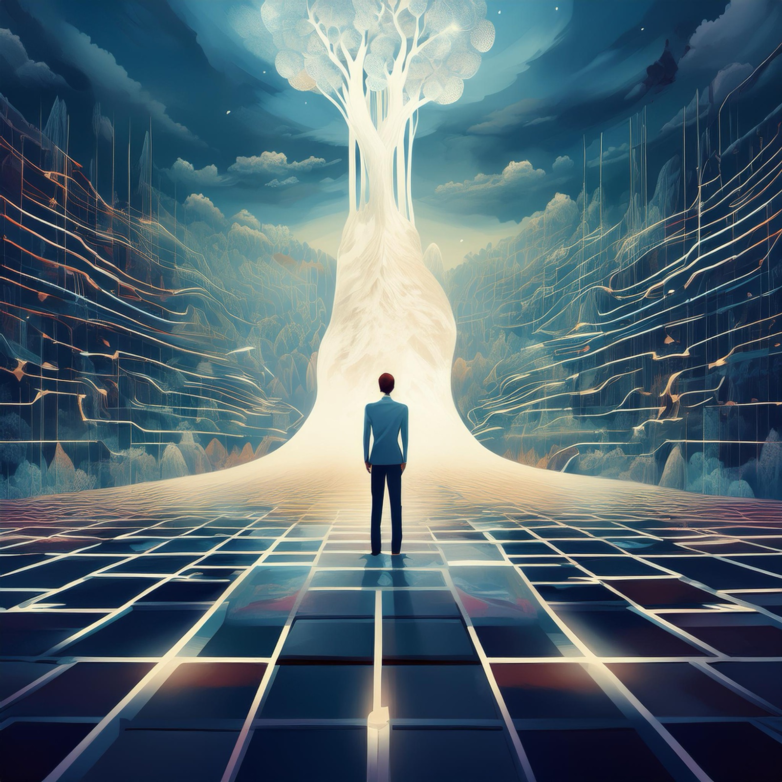 A person standing before a luminous tree of life on a vast grid — the self as author of its own reality